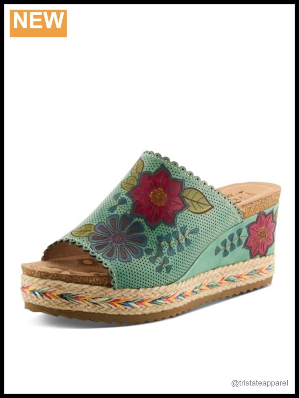 L`Artiste Delraybeach Leather Wedge Slide Sandal with Hand-Painted Floral